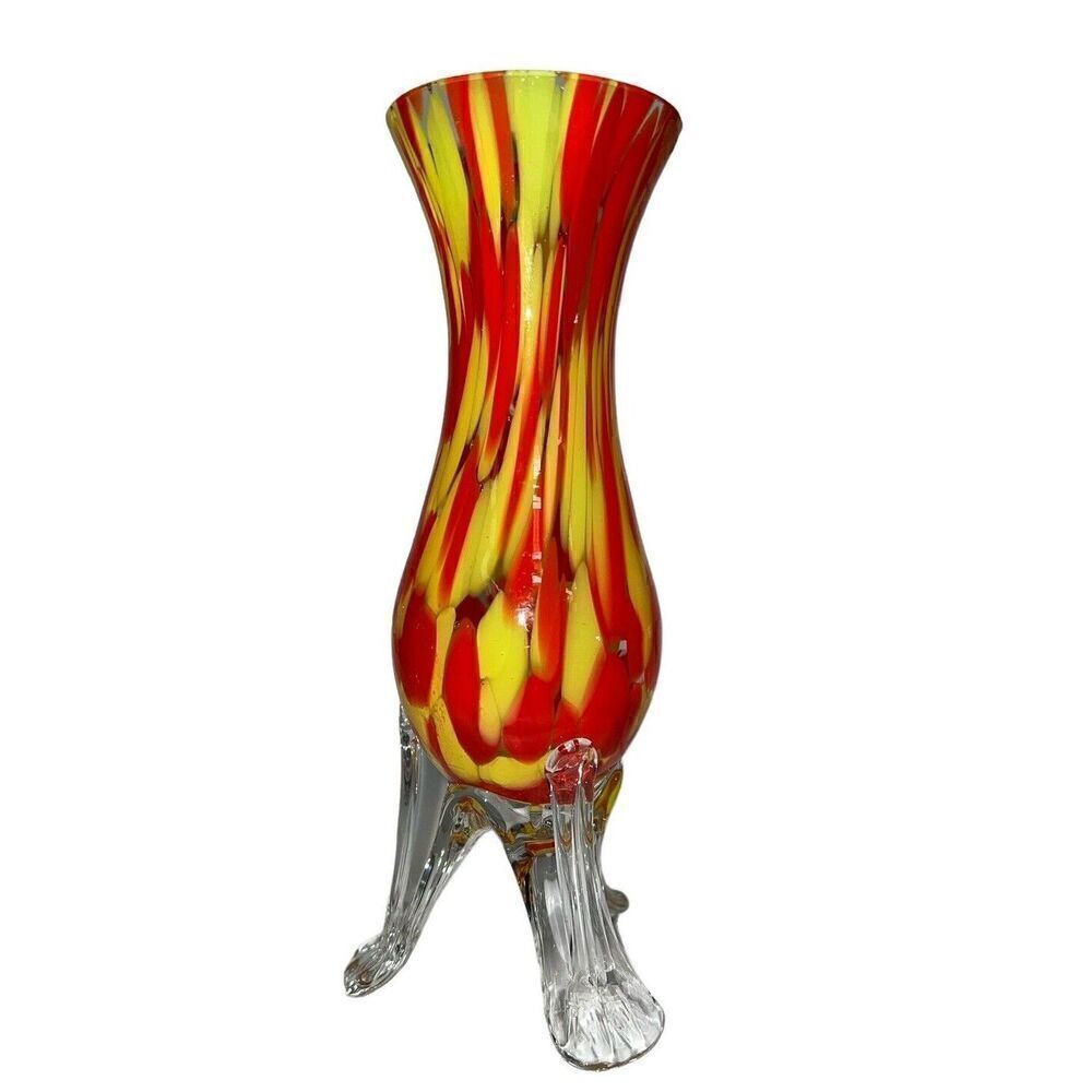 VTG Franz Welz Red and Yellow Spatter Vase on Clear glass Strutted Tripod Legs